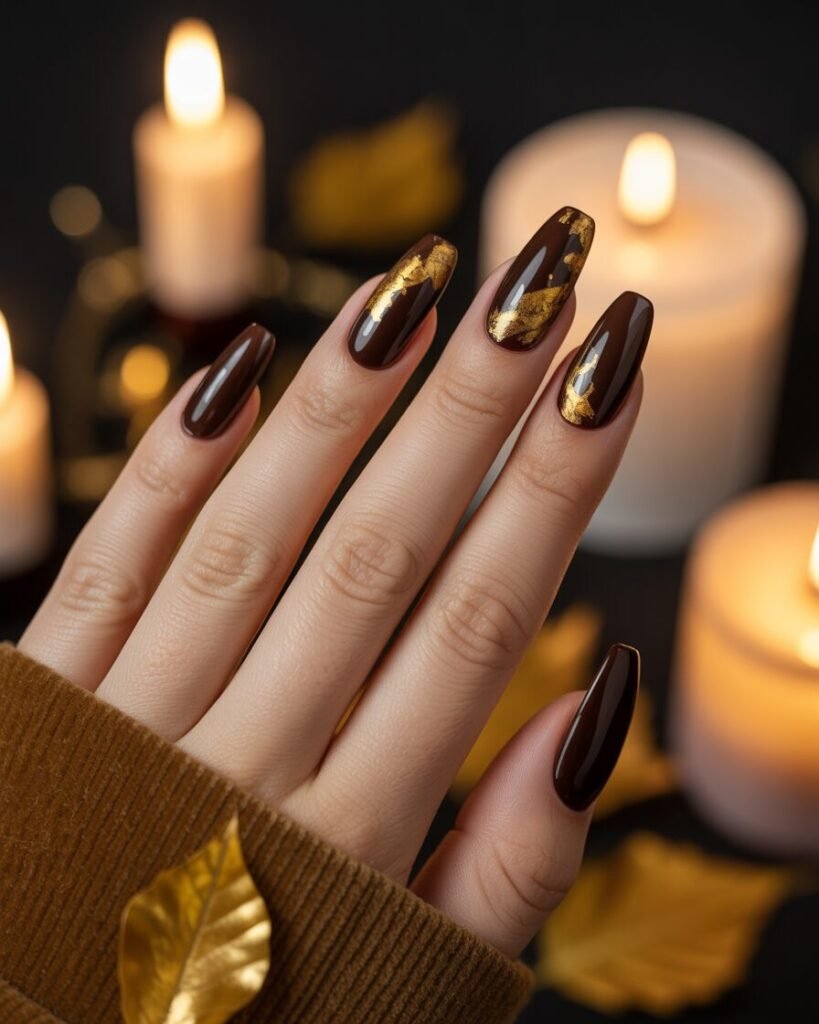 Dark chocolate nails with gold foil accents, creating a luxurious and dramatic fall look.