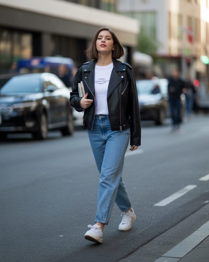 Woman in black leather jacket, white graphic tee, jeans, and white sneakers.