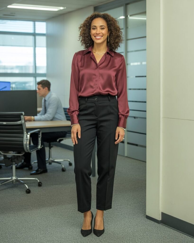 Woman in a burgundy silk blouse, black tailored trousers, and pumps.