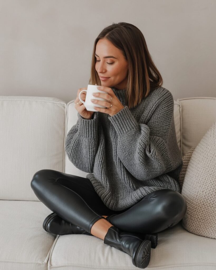 Woman in a grey knit sweater, black leggings, and black ankle boots, sipping coffee.
