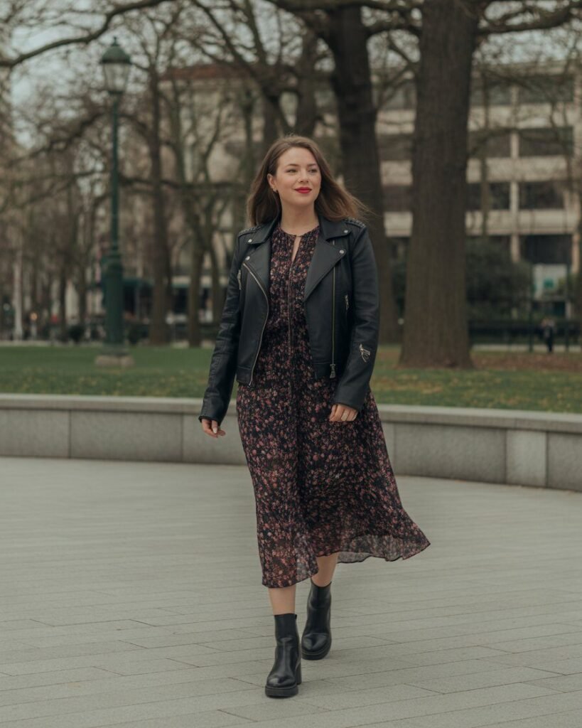 Woman in a floral midi dress, black leather jacket, and black ankle boots.