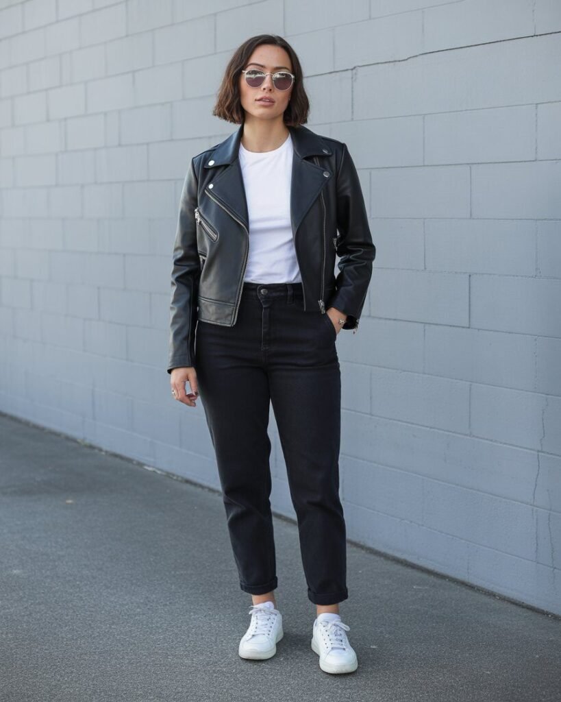 A mid-size woman wearing a leather jacket over a t-shirt, paired with black trousers and white sneakers.