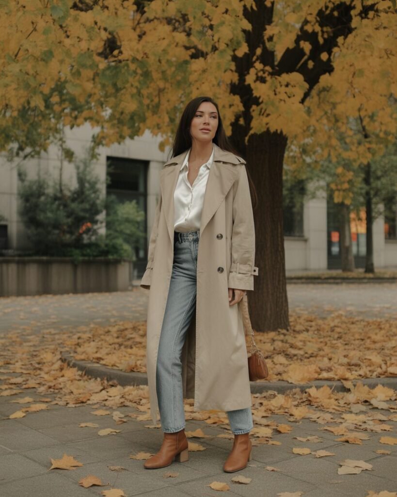 Woman in a beige trench coat, white silk blouse, jeans, and brown ankle boots.