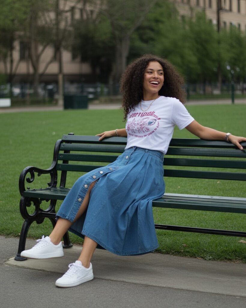Woman in a white graphic tee, denim skirt, and white sneakers.