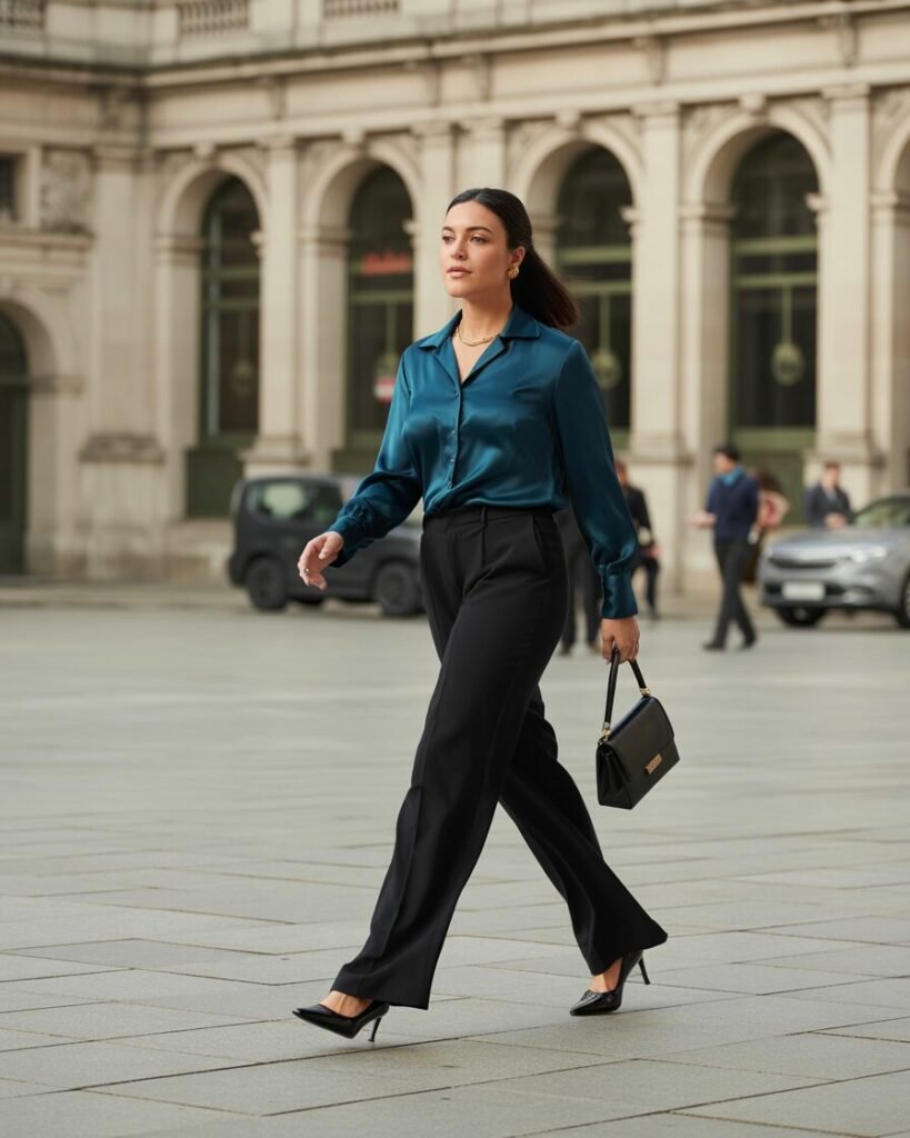 Woman in a teal silk blouse, black wide-leg pants, and black pumps.