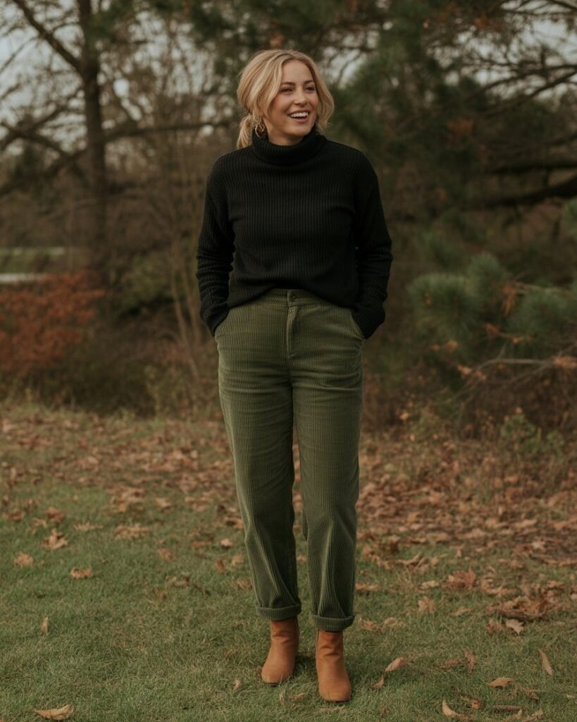 Woman in a black turtleneck, olive green corduroy pants, and brown ankle boots.