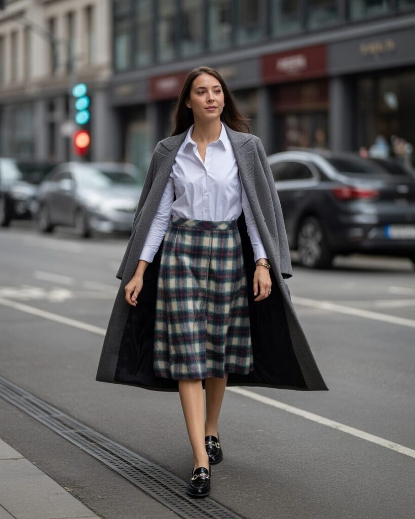 Woman in a white shirt, plaid A-line skirt, grey wool coat, and black loafers.