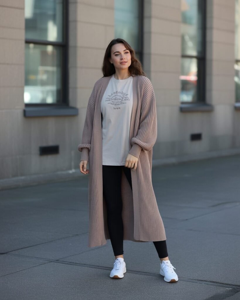 Woman in a beige cashmere cardigan, graphic tee, black leggings, and white sneakers.