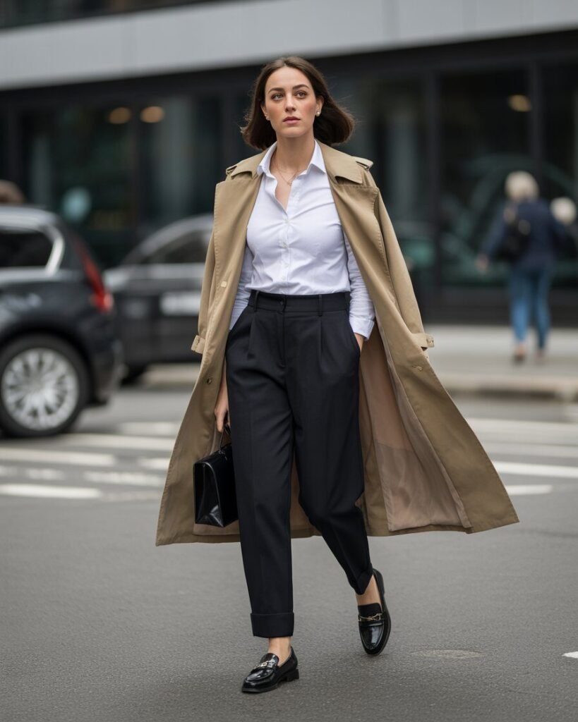 Woman in a beige trench coat, white shirt, black tailored trousers, and black loafers.