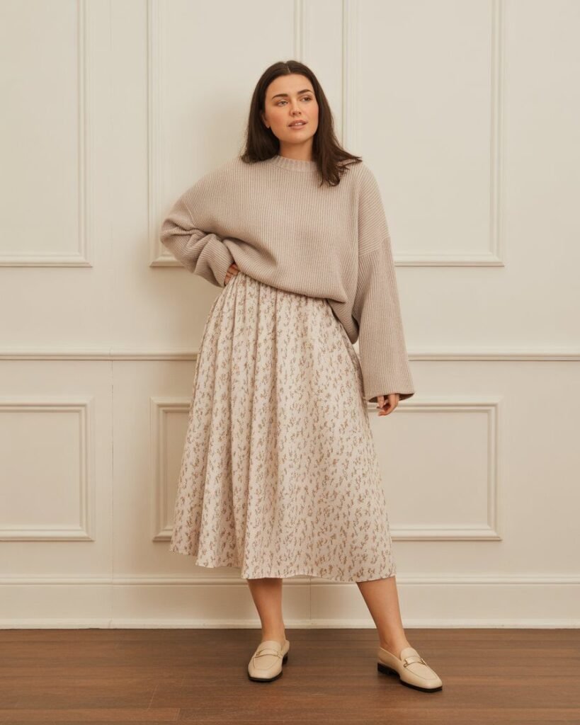 A mid-size woman in a printed midi skirt with a chunky knit sweater tucked in, wearing loafers.