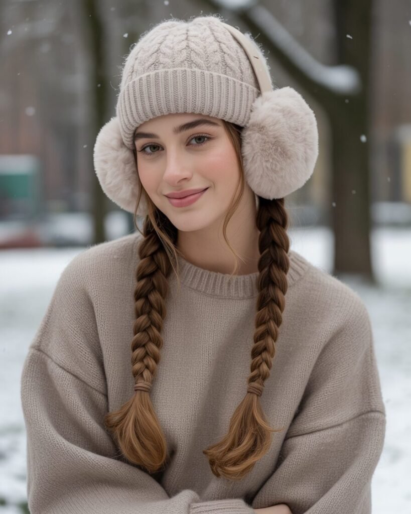 Woman with classic low braided pigtails wearing a knitted winter beanie.