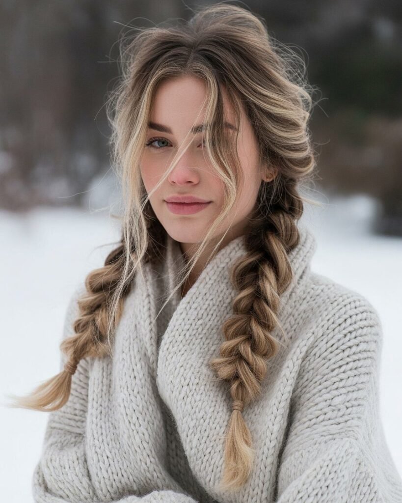  Messy low braided pigtails with loose front strands, paired with a chunky wool sweater.
