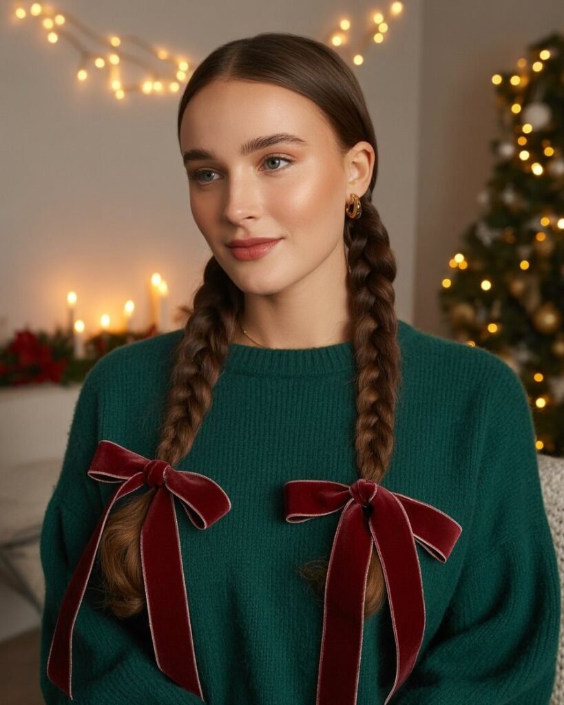  Low braided pigtails tied with burgundy velvet ribbons, styled for a winter holiday party.
