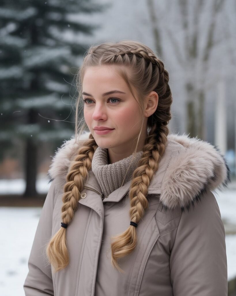  Woman wearing Dutch low braided pigtails in a snowy outdoor background.