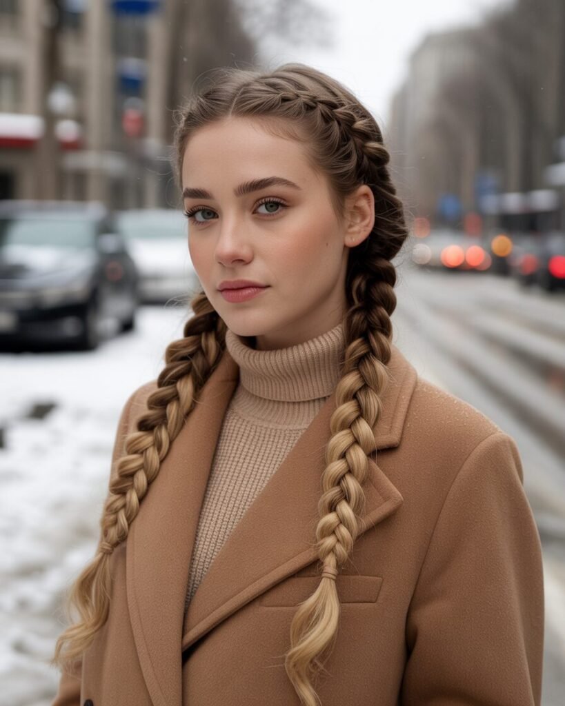  French low braided pigtails styled under a camel-colored winter coat.