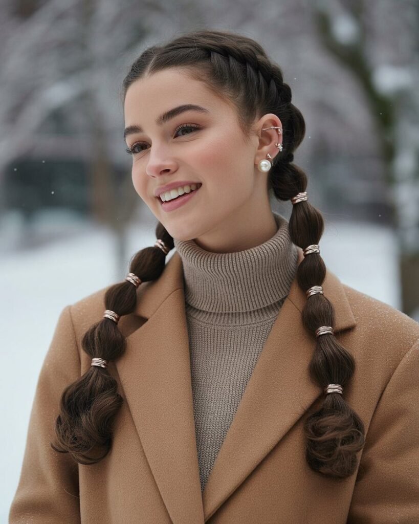 Bubble low braided pigtails styled with pearl elastics and a winter sweater dress.