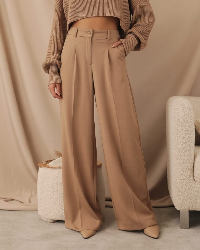 A mid-size woman wearing wide-leg trousers and a cropped sweater.