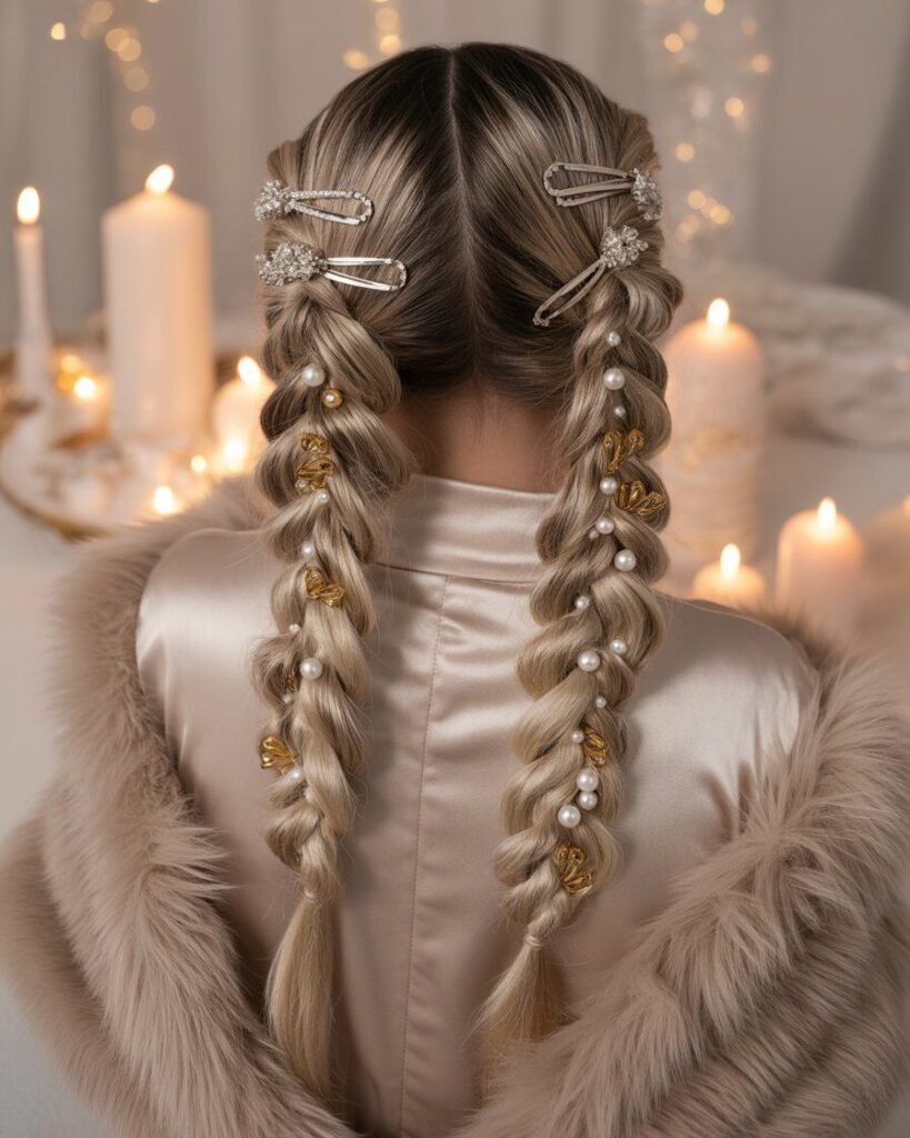 Low braided pigtails decorated with silver hair jewelry and a sequin winter outfit.