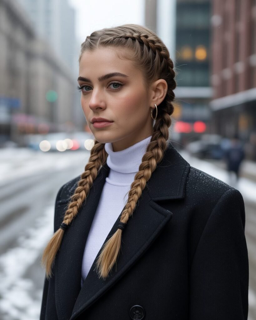 Crisscross low braided pigtails styled with a chic black coat.