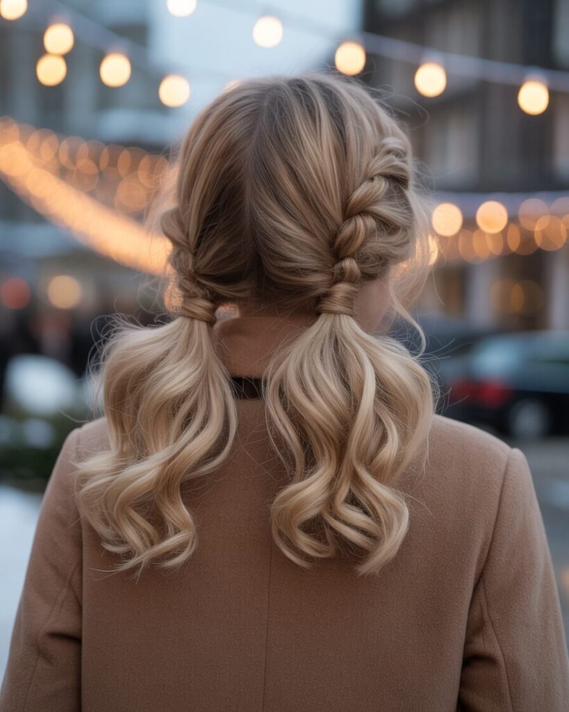 Alt Text: Curly low braided pigtails styled with a wool coat and snowy background.