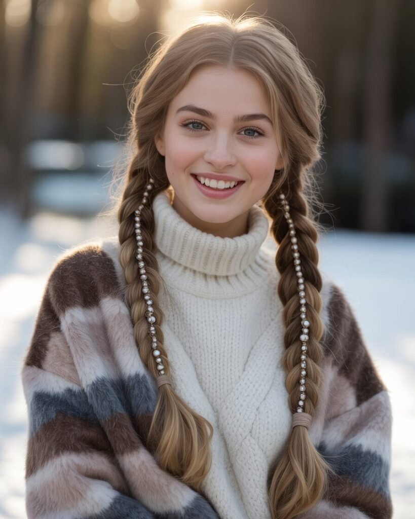 Low braided pigtails accessorized with black and silver beads styled for winter.