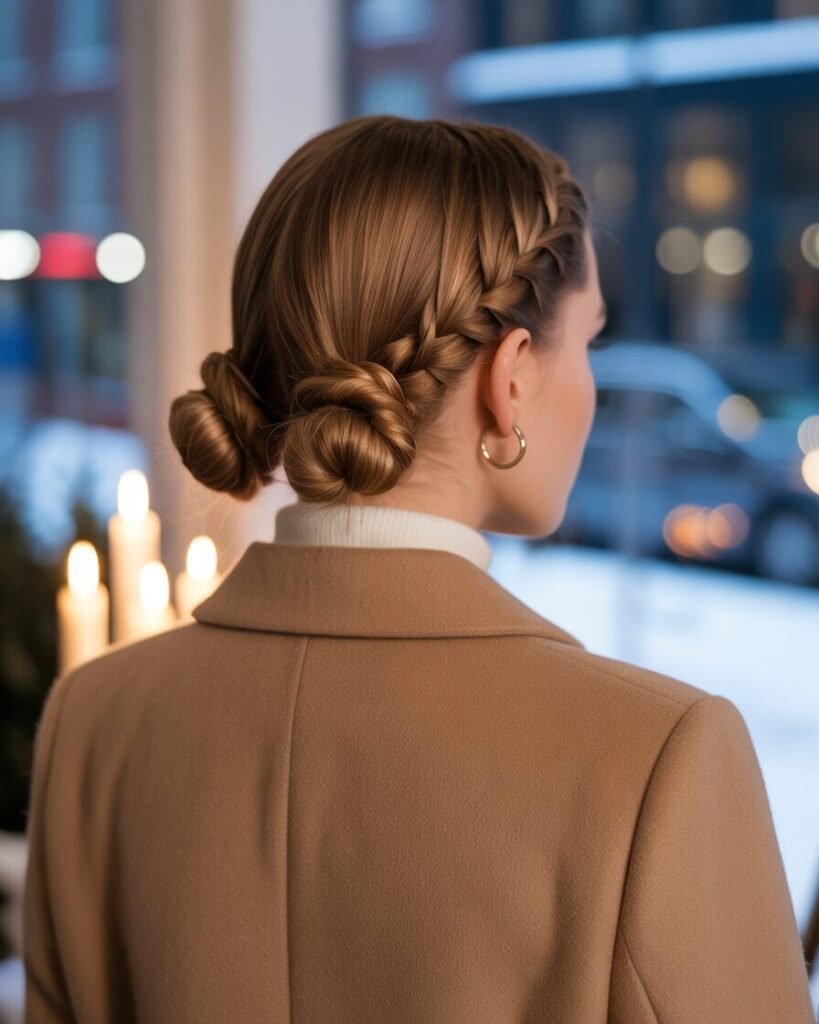 Low braided pigtails wrapped into neat buns styled with a wool blazer.