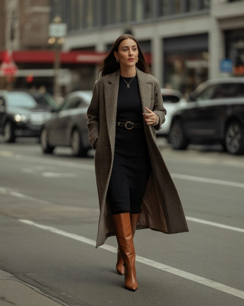 A woman wears a long houndstooth coat over a black midi dress with brown knee-high boots and a small black clutch.