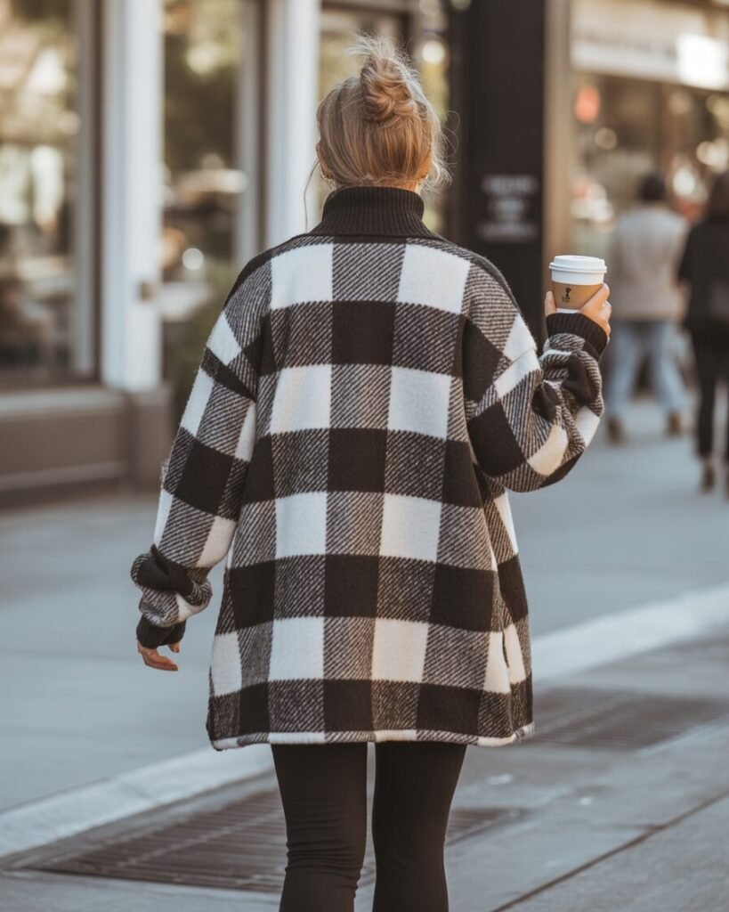 A woman wears a black turtleneck and leggings with an oversized black-and-white buffalo plaid shacket and chunky black boots.