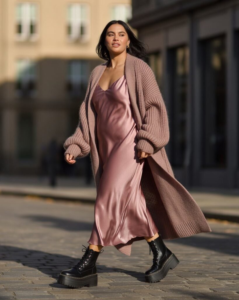 A mid-size woman with a long cardigan layered over a slip dress, styled with boots.