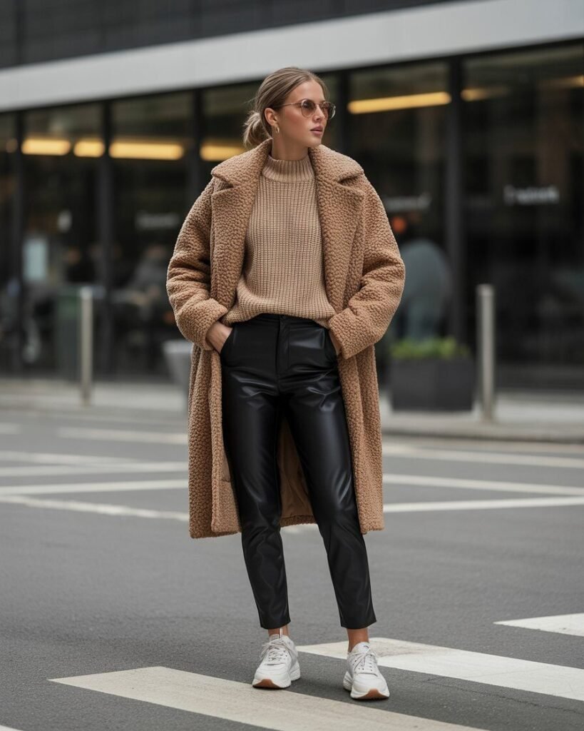 A person stands on an urban street wearing a soft camel teddy coat, a cropped knit sweater, faux leather trousers, and white sneakers.