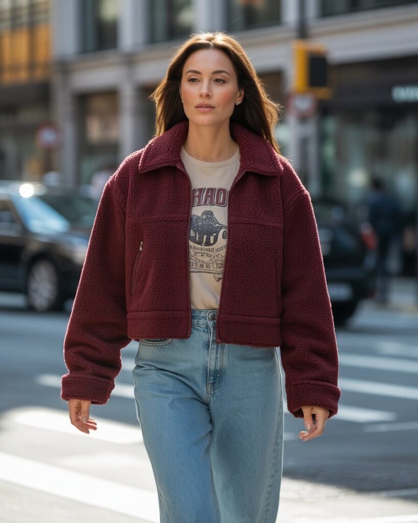 A woman wears a cropped wine-colored teddy jacket over a graphic tee and high-waisted blue jeans with retro sunglasses.