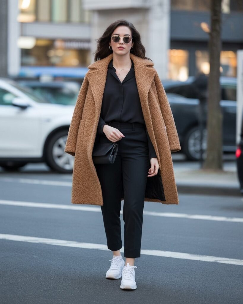 A person stands in a pea coat over an all-black business outfit, with comfortable sneakers.