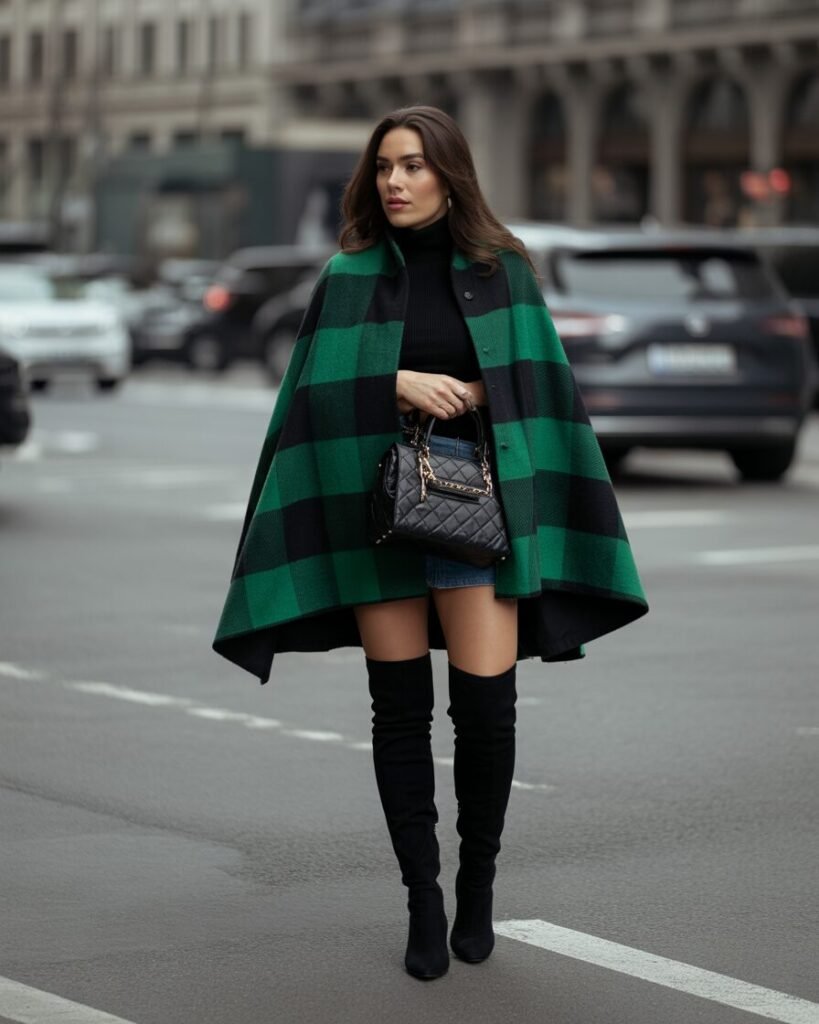 A woman wears a buffalo green checked cape, paired with tall black over-the-knee boots and a simple black handbag.