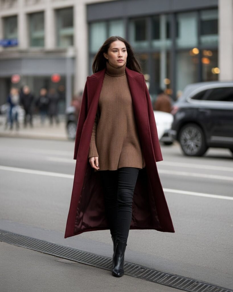 A woman wears a long burgundy coat over a mocha turtleneck and black skinny pants, standing in a chic, minimalist pose.