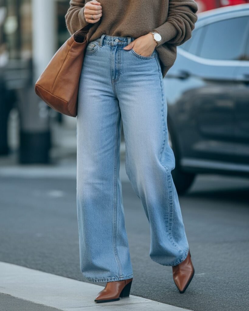 A person in high-rise wide-leg jeans, a brown knit sweater, pointed-toe boots, and a slouchy brown shoulder bag.