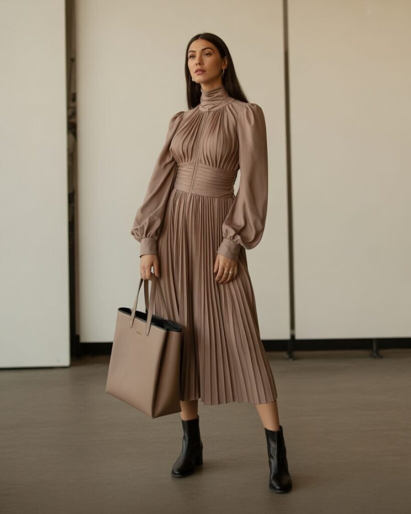 A woman wears a long-sleeve, high-neck, cinched-waist midi dress with black leather booties and a beige structured tote bag.