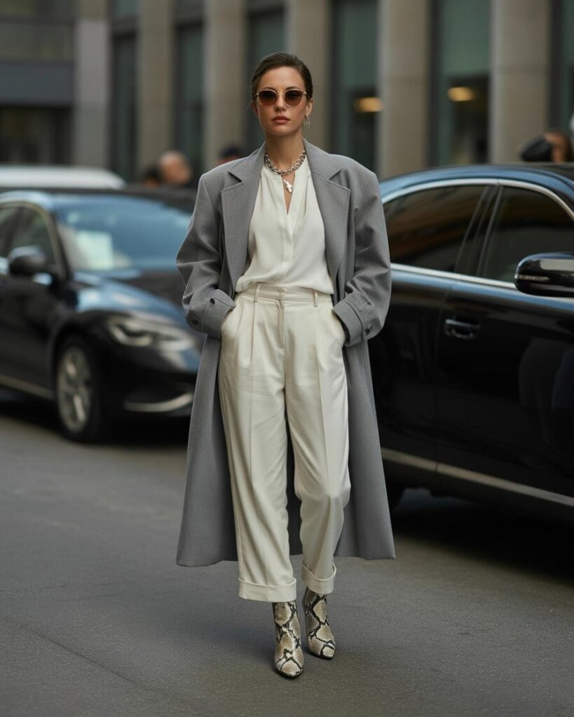 A woman wears a long gray tailored coat over a white blouse and ivory trousers, with snakeskin boots as a pop of pattern.