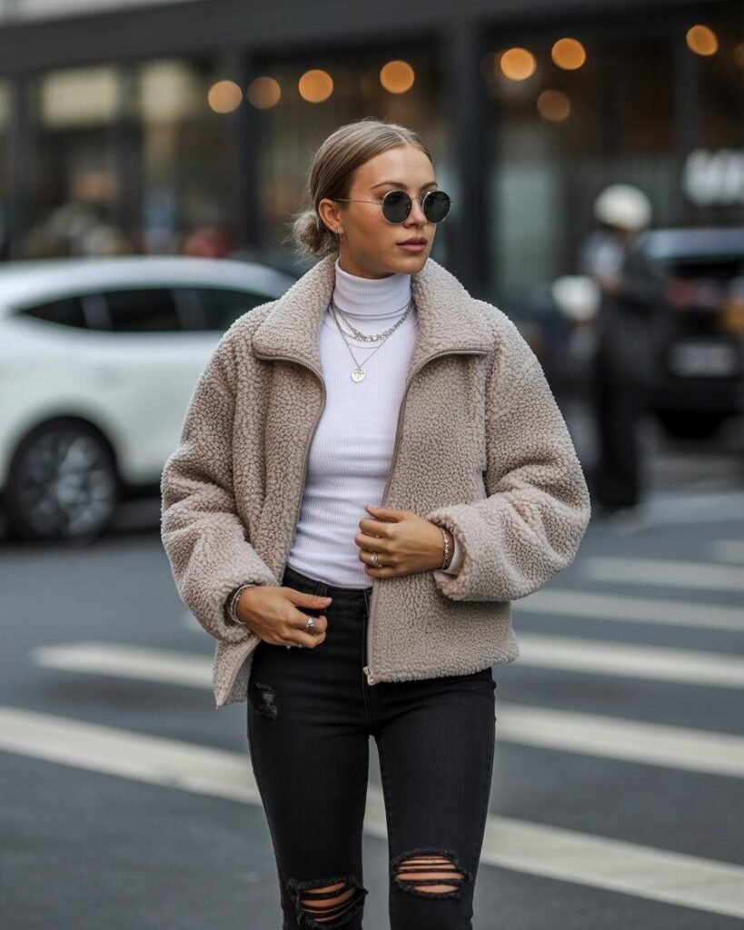A person with a cloud-gray teddy jacket, a ribbed white turtleneck, and distressed black skinny jeans, accessorized with round sunglasses.