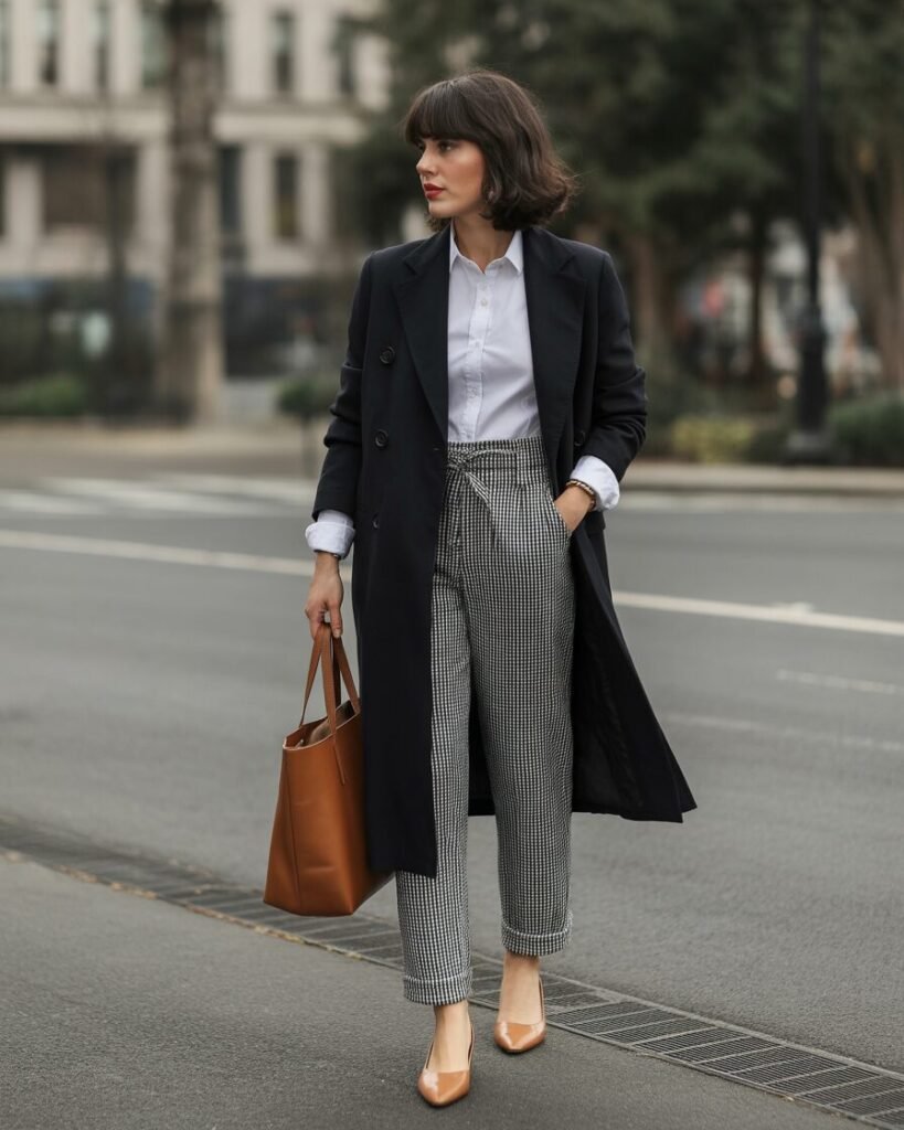  A person in an open black coat over a white button-down, gingham paperbag trousers, tan leather flats, and a matching tote.