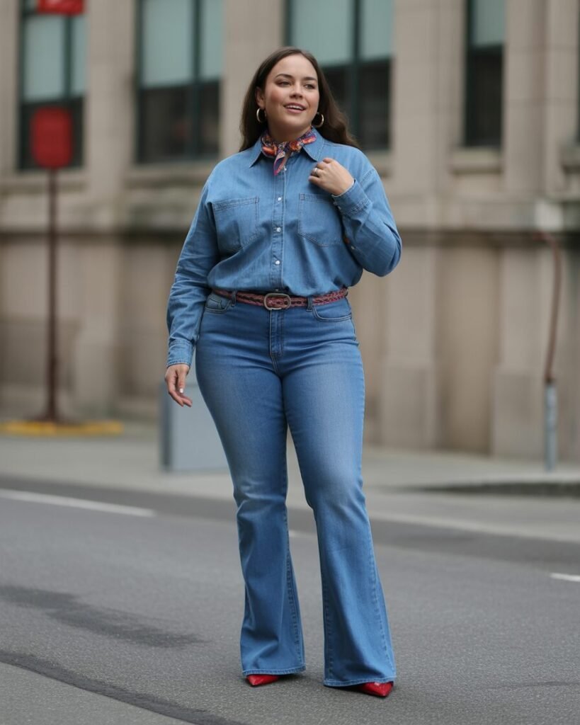 A mid-size woman wearing a denim shirt and jeans of a different wash, with a colorful accessory.