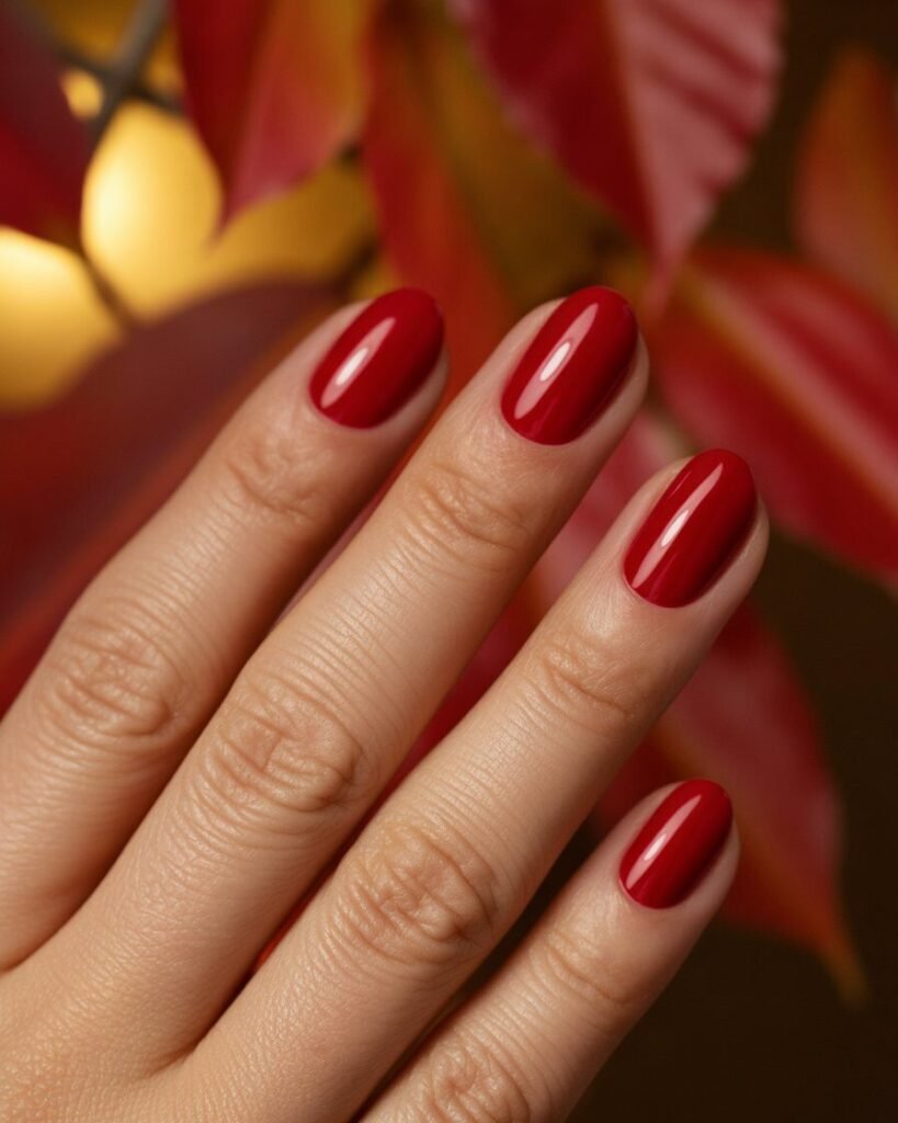  A hand with nails painted a vibrant scarlet red, glossy finish.