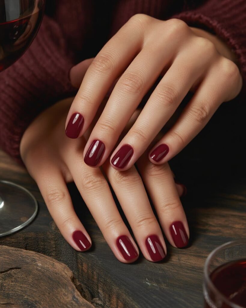 Nails with a deep, glossy burgundy polish.