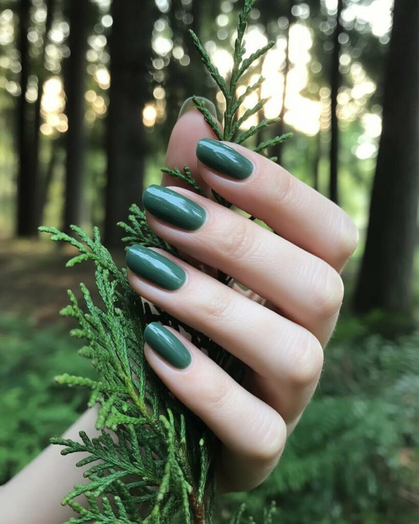  Hands with a manicure in a deep forest green.