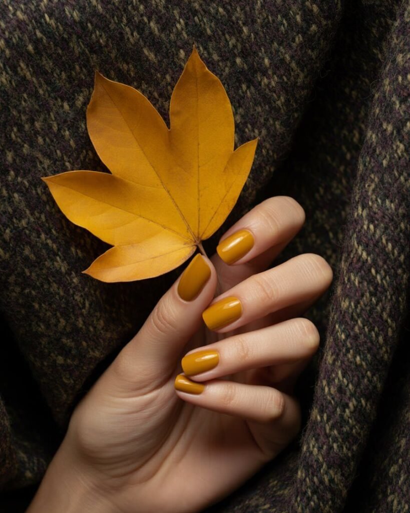Nails with a bright mustard yellow polish.