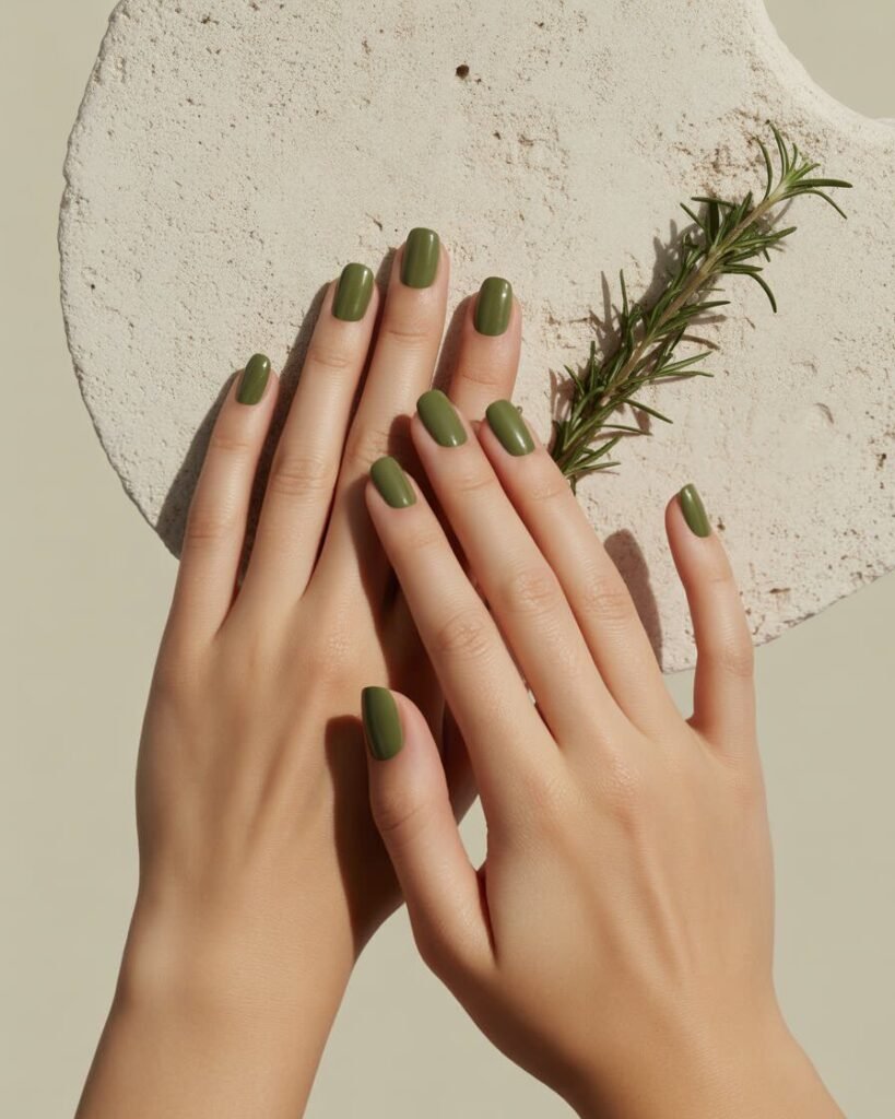  Manicured nails with a muted olive green color. 