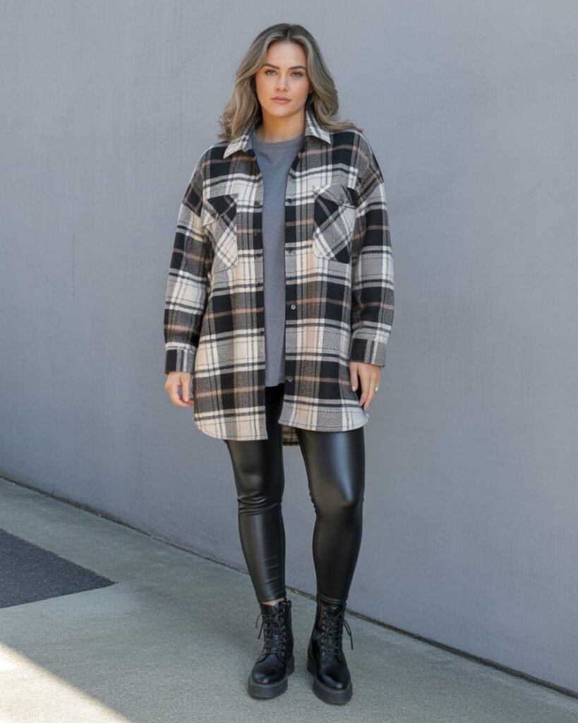 A mid-size woman in a plaid shacket over a long-sleeve tee, with faux leather leggings and combat boots.