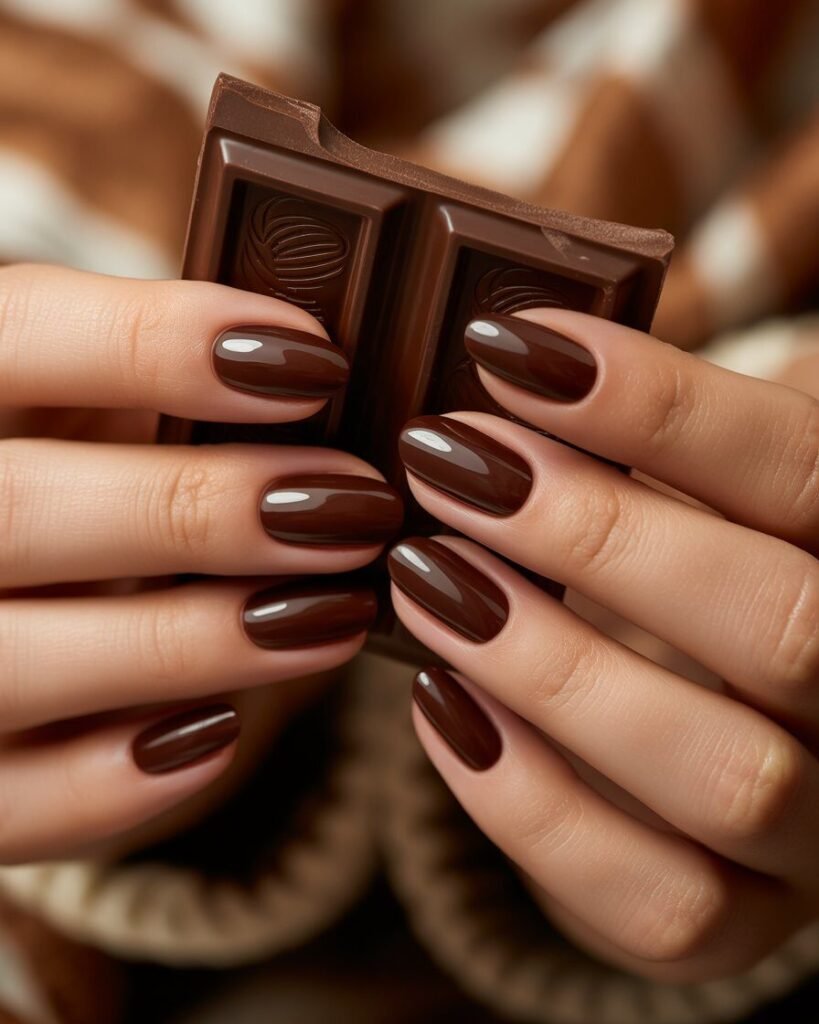 Nails painted in a rich chocolate brown.