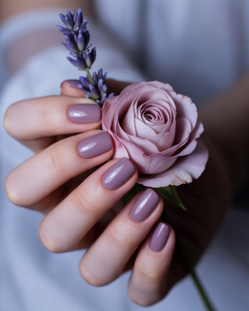 A hand with nails painted in a muted mauve. 