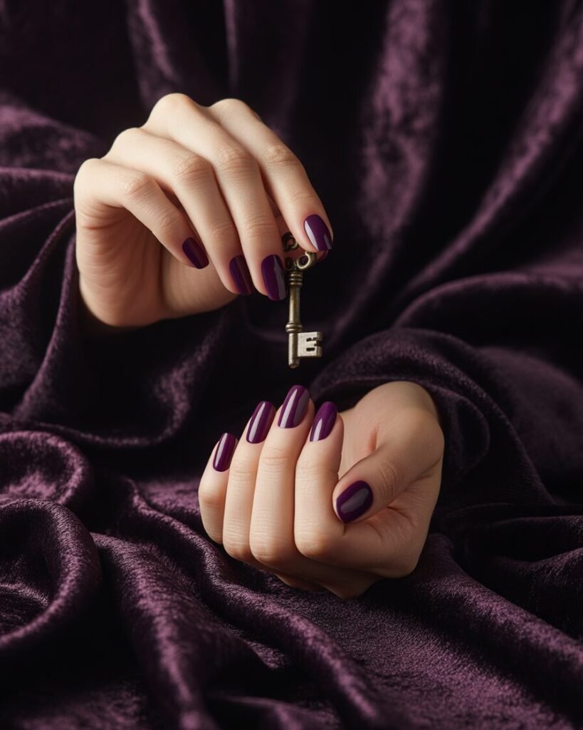 Nails with a deep, dramatic plum purple polish. 