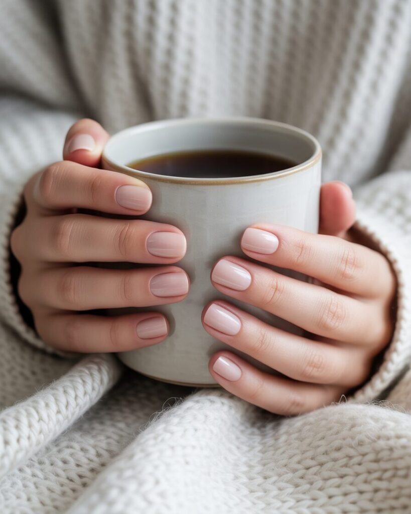  Hands with a clean, creamy beige nail polish. 